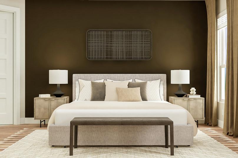 Rendering of the master bedroom furnished
  with large bed with headboard, bench and rug. Two table lamps and a potted
  plant sit on nightstands in front of the brown accent wall.