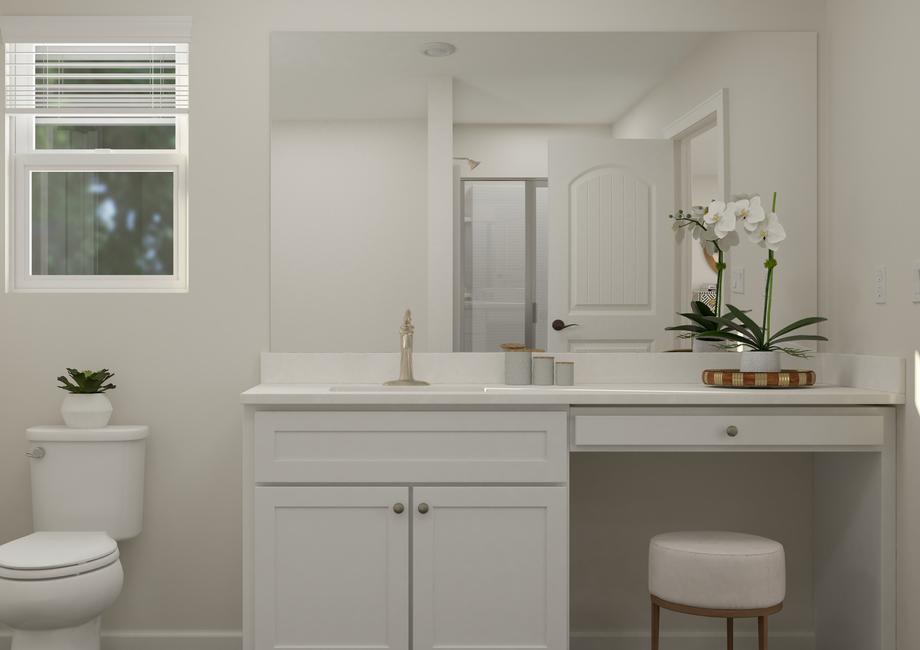 Rendering of the master bath focused on
  the sink. A stool sits under the makeup vanity and the cabinetry is white.
  Adjacent to the vanity is the toilet, which sits under a window.