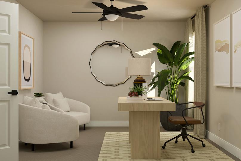 Rendering of a bedroom furnished as an
  office with a desk, computer chair, two accent chairs, a potted tree and rug.