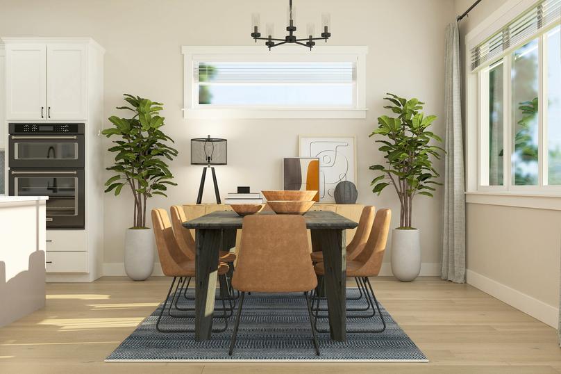 Rendering of dining room with a
  six-person table and 6 chairs. This room also has a large windows and
  curtains and the kitchen can be seen next to the table.