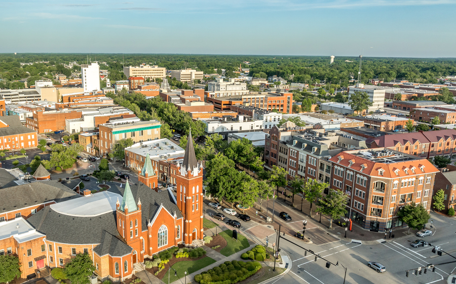 Aerial view of Fayetteville North Carolina downtown business district