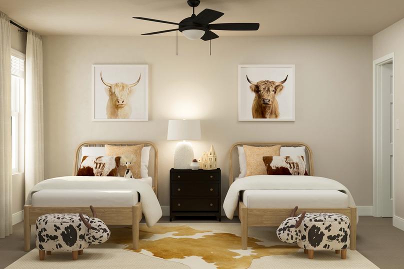 Rendering of a bedroom furnished with two
  twin beds and a nightstand. The room has a window and ceiling fan.