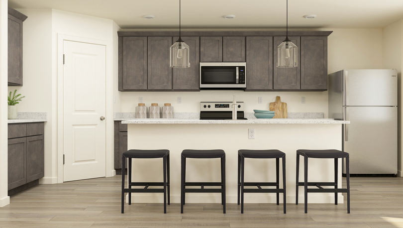 Rendering of the kitchen with dark  cabinetry and stainless steal appliances. 