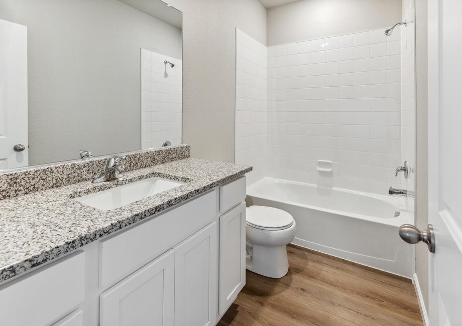 Secondary bathroom with a dual shower and tub and wood-style flooring.