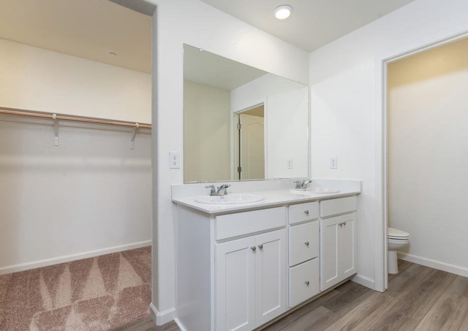 The master bathroom has a dual sink vanity and step in shower.