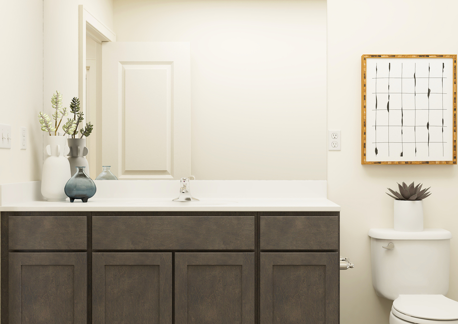 Rendering of a bathroom showing a large  single-sink vanity next to a toilet. 