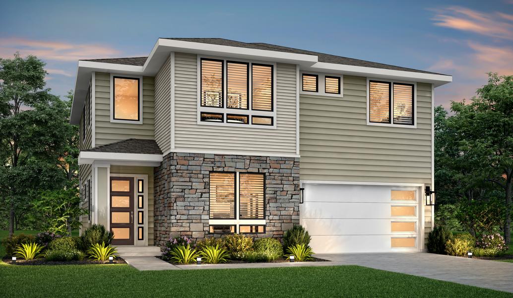Two-story Cappuccino elevation rendering with stone accents.