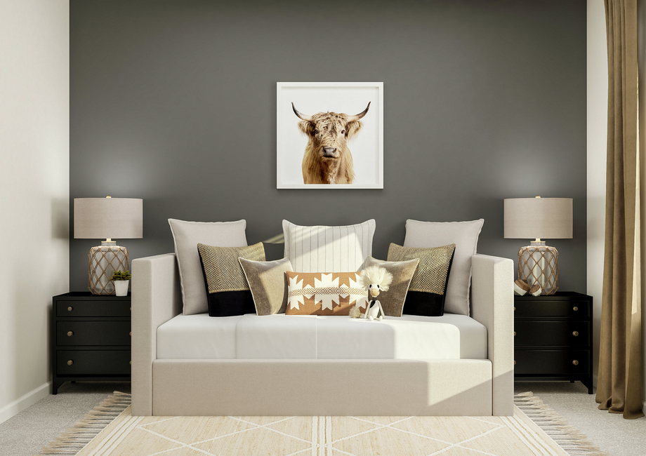 Rendering of a secondary bedroom  featuring a daybed and two nightstands along a grey accent wall with carpet  flooring throughout.