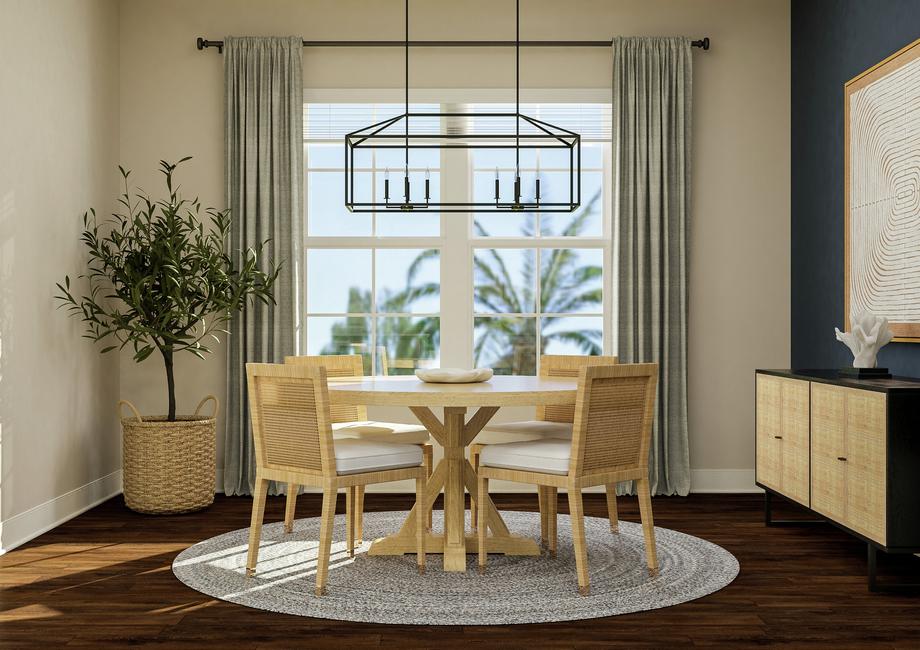 Rendering of dining room showing a round
  table and chairs with light fixture above a large window and surrounding
  dÃ©cor with dark wood look flooring throughout.