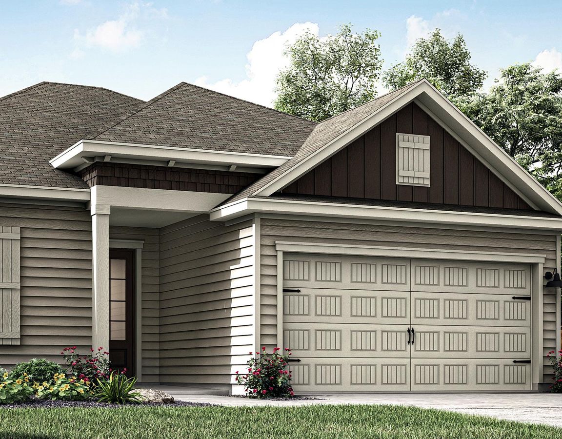 Rendering of the 3-bedroom Bowie plan with a two-car garage.
