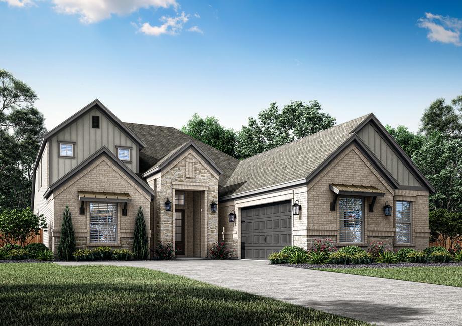 Rendering of the two-story Oakmont plan with designer coach lights.