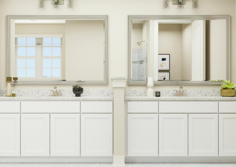 Rendering of spacious master bath showing
  a double sink vanity with white cabinetry and light fixtures and tile
  flooring throughout.