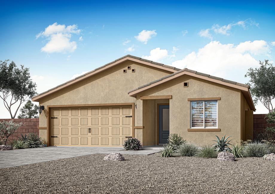 Rendering of the Amado floor plan with a two-car garage and a beautiful blue door.