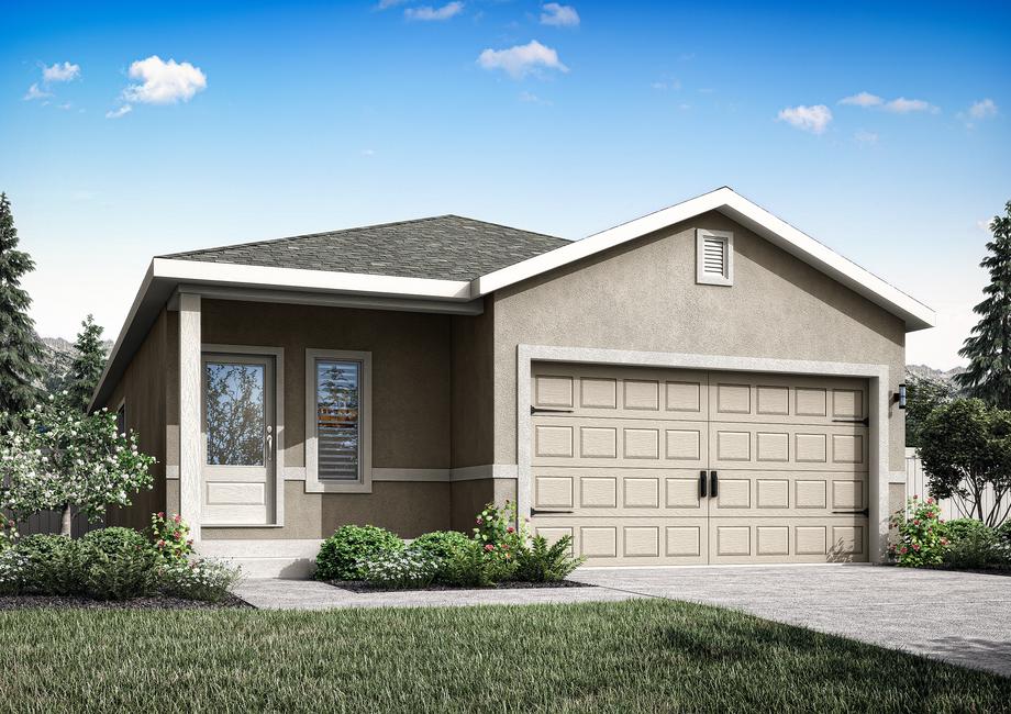 Rendering of the Frisco plan with stucco finishes and a covered front porch.