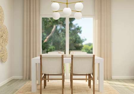 Rendering of a
  dining room furnished with a large white table surrounded by six chairs. 