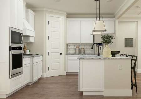Rendering of kitchen with white cabinetry
  and stainless steel appliances.