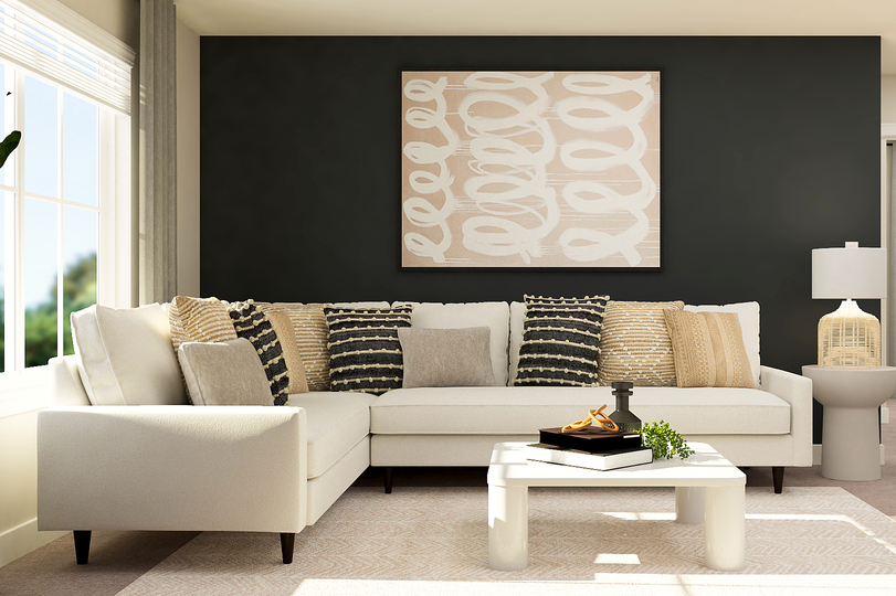 Rendering of loft with a large white
  sectional and a coffee table.