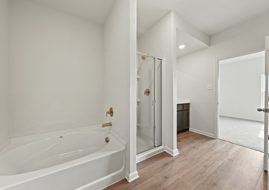 The master bathroom has a large glass, walk-in shower and garden tub.
