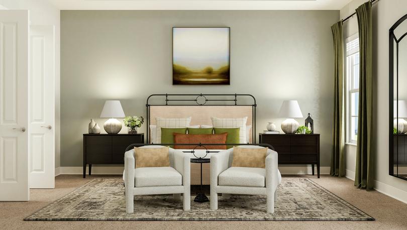Rendering of spacious master bedroom
  showing large framed bed with matching nightstands and 2 accent chairs,
  sitting between large windows with beige carpet flooring throughout.