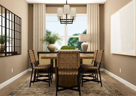 Rendering of a dining room with wood-look
  flooring and a large window. The room is furnished with a six-person table.