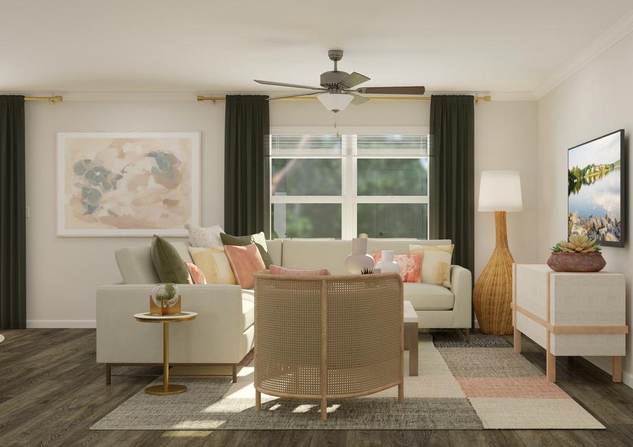Rendering of the living room looking
  towards the large window. The space has vinyl plank flooring and a ceiling
  fan. The room is furnished with a sectional, large accent chair, a floor lamp
  and an entertainment center.