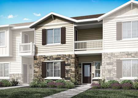 Rendering of an inside middle unit tonwhome built with siding and stone.