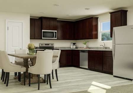 Rendering showing the six-person dining
  table next to the open kitchen, which has brown cabinets, stainless steel
  appliances and granite countertops.