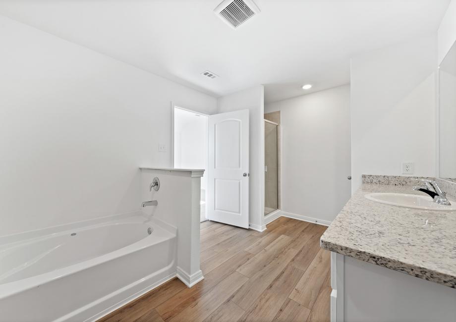 The master bathroom has a walk-in shower and a tub.