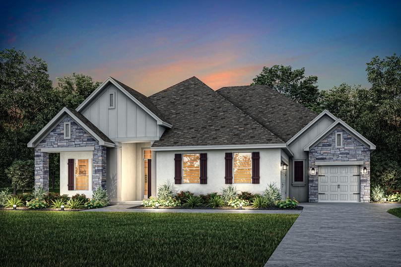 Single-story Waycross elevation rendering at dusk with stucco and stone accents.
