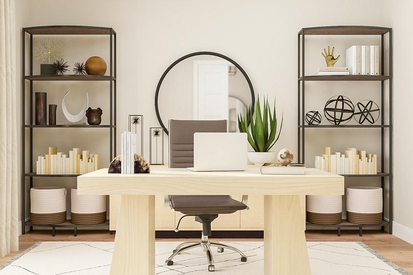 Rendering of flex room furnished as a
  home office featuring a rustic desk and chair, matching open-shelving, and a
  large white rug.