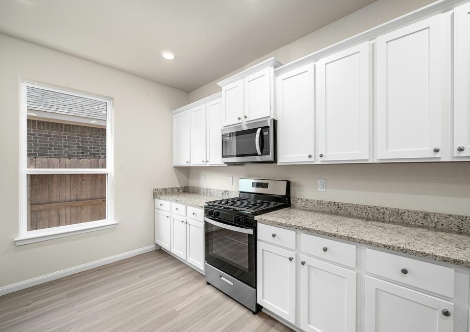 The kitchen comes with white cabinets and granite countertops