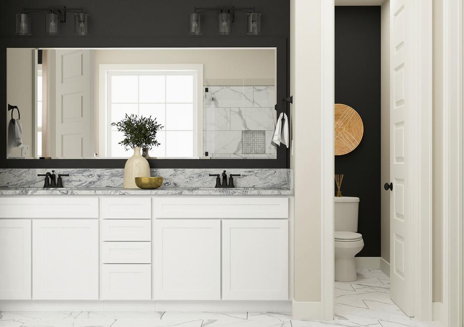 Rendering of master bathroom highlighting
  a double-sink vanity with white cabinetry.Â 