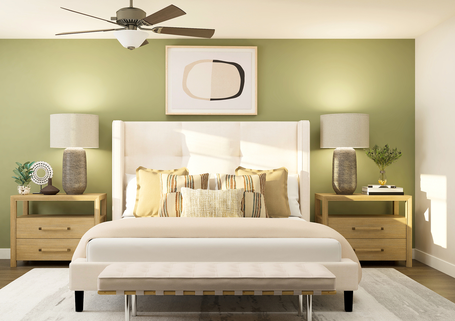 Rendering of master bedroom with a large
  bed in between two side tables.Â 