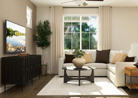 Rendering of living room highlighting a
  large window in front of a large sectional couch. 
