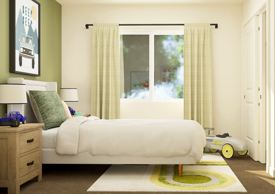 Rendering of a child's bedroom with a  small bed and a side table. There is a child's toy in the corner.