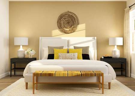 Rendering of the owner's suite showcasing
  oversized bedroom furniture and wood-look flooring.