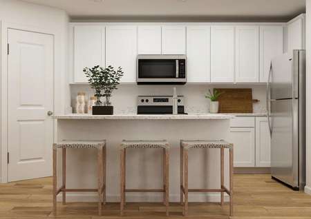 Rendering of a kitchen with white
  cabinetry and stainless steel appliances. 