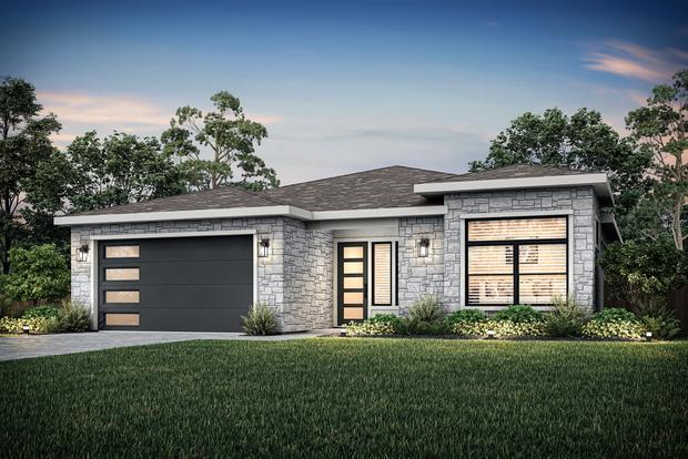 Exterior dusk elevation rendering of the Foster.