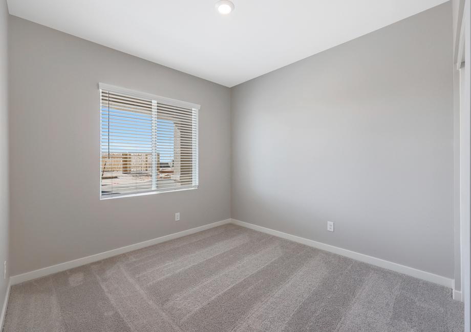 Secondary bedroom with tan carpet and a large window.