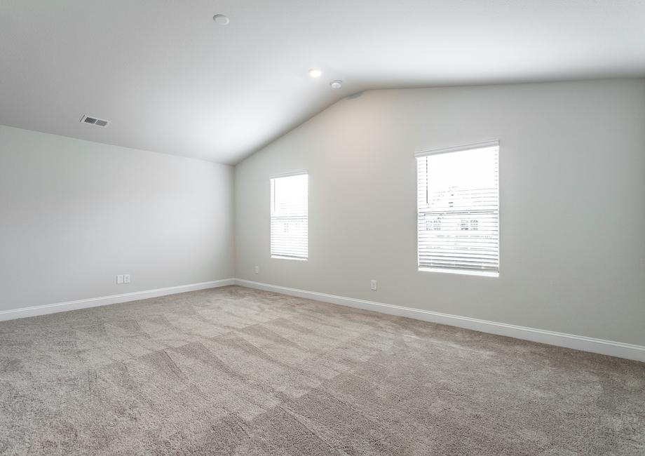 Large master bedroom with carpet and two windows.