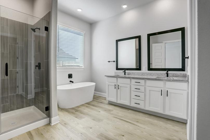 Master bathroom showcasing a relaxing soaking tub and walk-in shower.