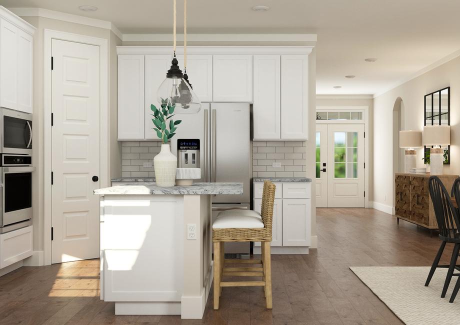 Rendering of kitchen with white cabinetry
  and stainless-steel appliances. The dinning room table can be seen next to
  the kitchenÂ 