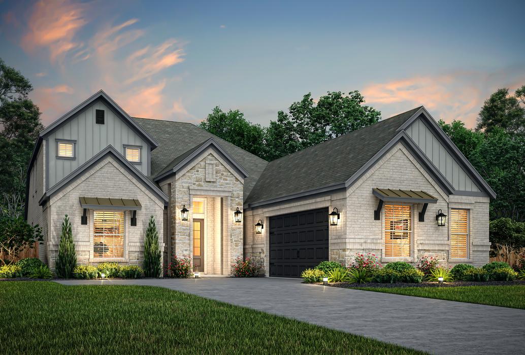 Dusk rendering of the Oakmont plan with designer coach lights and accents.