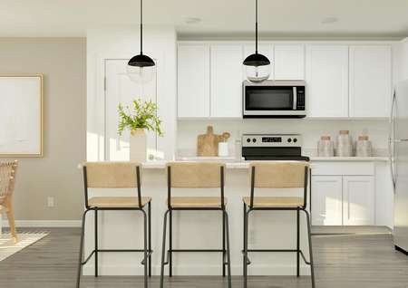 Rendering of a kitchen with white
  cabinetry and three barstools at the counter.