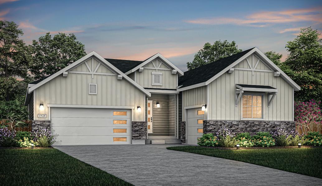 Exterior rendering of the gorgeous one-story Estes floor plan during dusk.