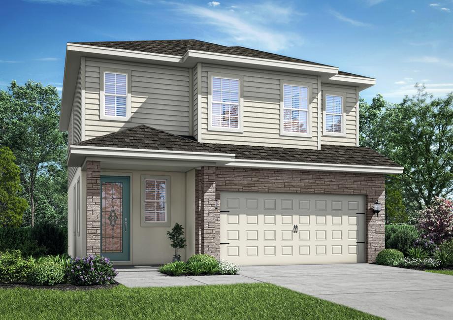 Large, two-story floor plan featuring stone, siding and four windows on the second story.