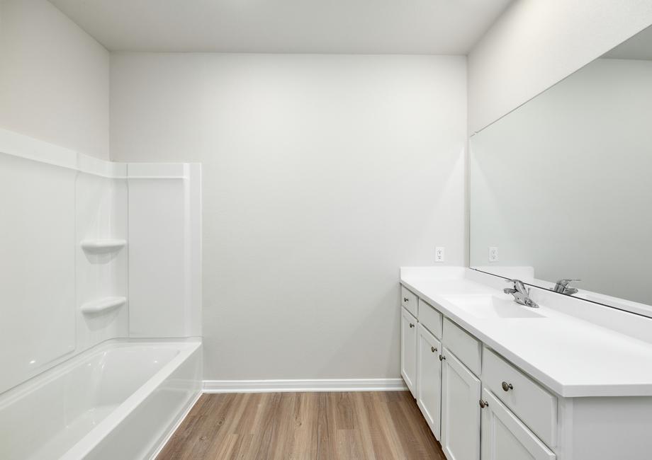 The master bathroom has a large vanity and tub/shower!