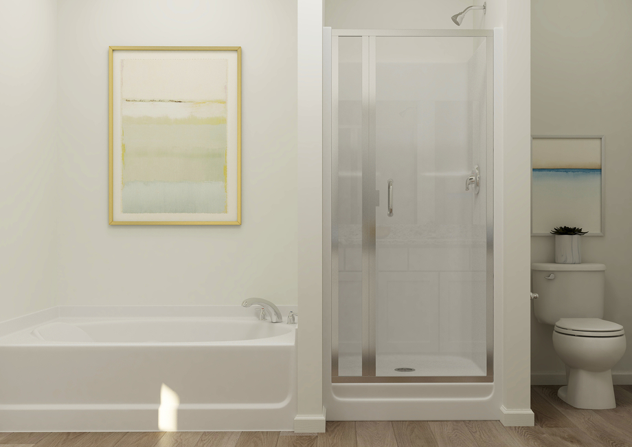 Rendering of the
  master bathroom showing a large bathtub next to a shower.