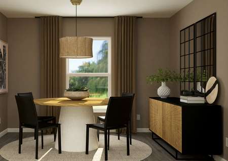 Rendering of the dining room with a round
  table in front of a large window with curtains.