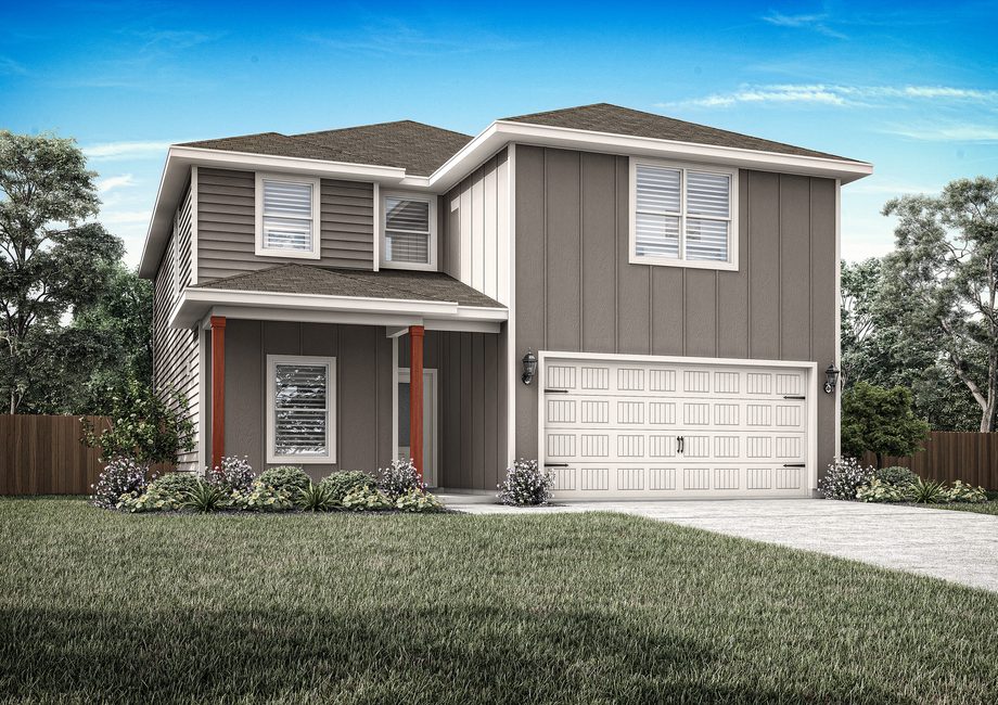 The Iris is a beautiful two-story home with a siding exterior, covered front porch and an attached garage.